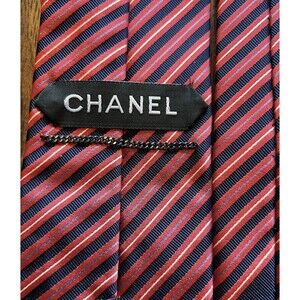 Chanel Made in Italy Navy Red Stripe CC Monogram Icons Silk Tie